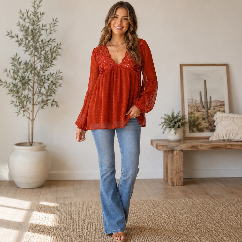 Indigo Poppy Velvet Lace Swiss Dot Boho Babydoll Peasant Romantic Top Rust SZ L